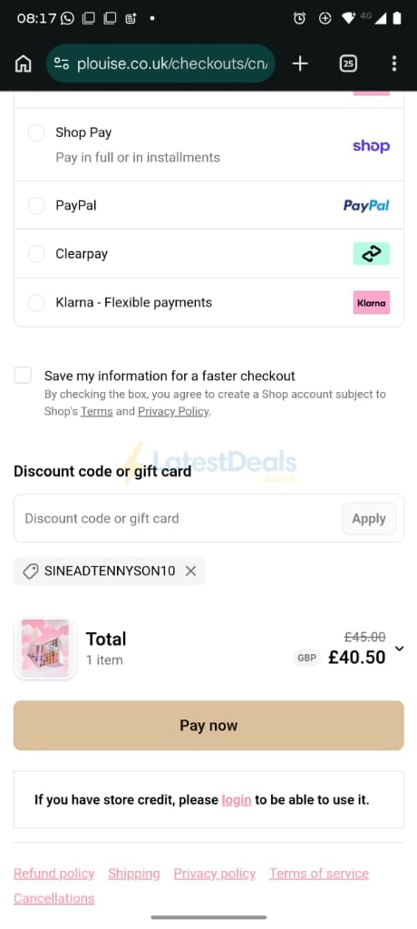 Screenshot of the P. Louise discount code working