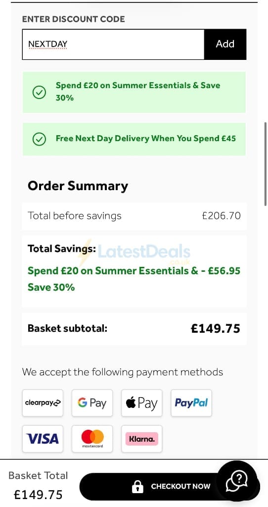 Screenshot of the No7 Beauty discount code working