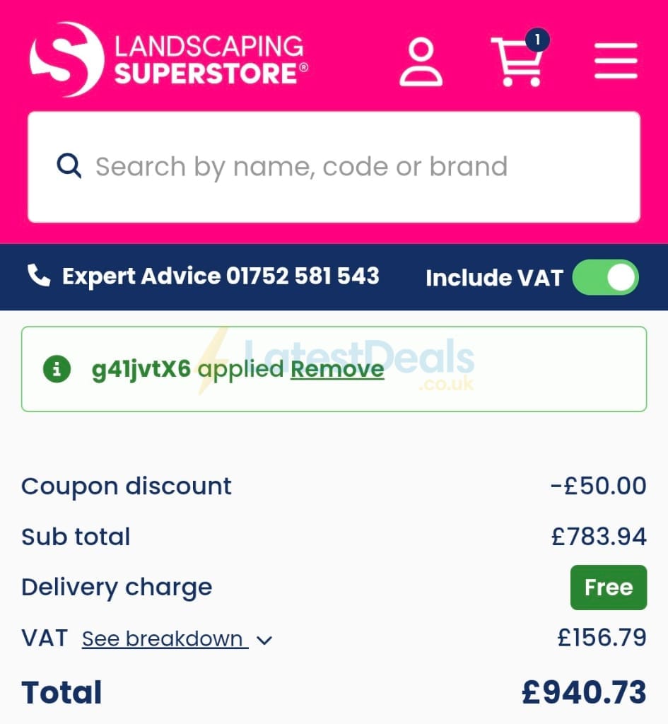 Screenshot of the Landscaping Superstore discount code working