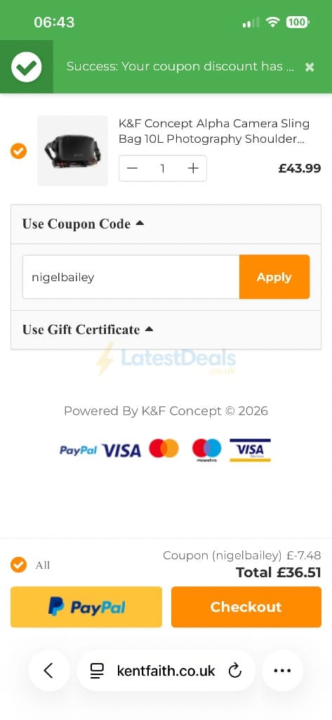 Screenshot of the K&F Concept discount code working