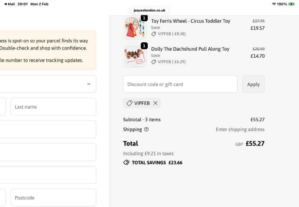 Screenshot of the Jaques London discount code working