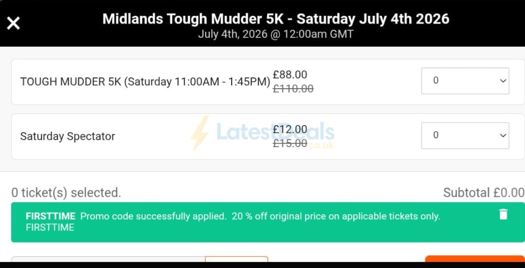 Screenshot of the Tough Mudder discount code working