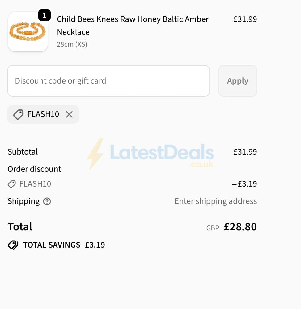 Screenshot of the Love Amber X discount code working