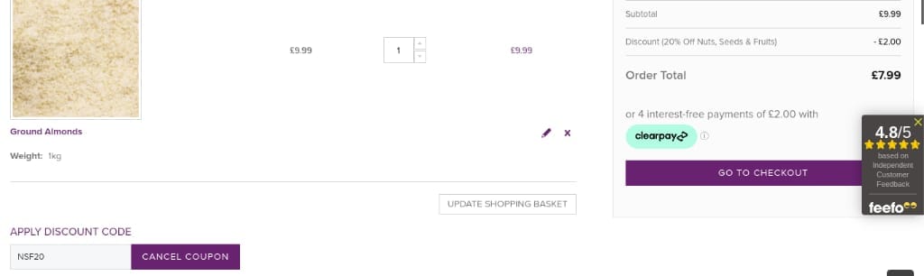 Screenshot of the Grape Tree discount code working