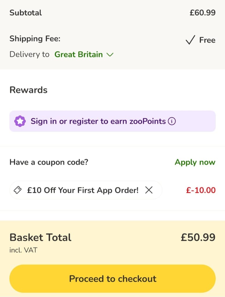 Screenshot of the zooplus discount code working