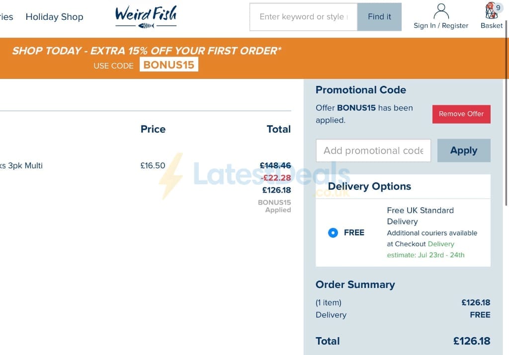 Screenshot of the Weird Fish discount code working