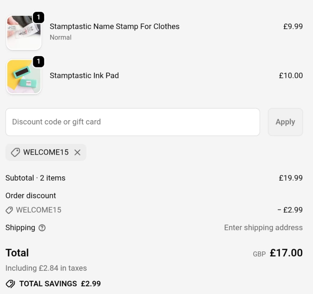 Screenshot of the Stamptastic discount code working