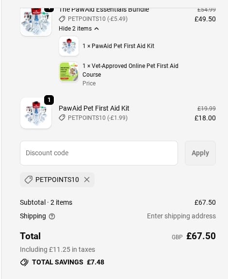 Screenshot of the PawAid discount code working