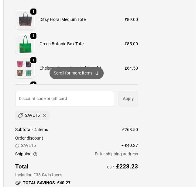 Screenshot of the Sara Miller discount code working