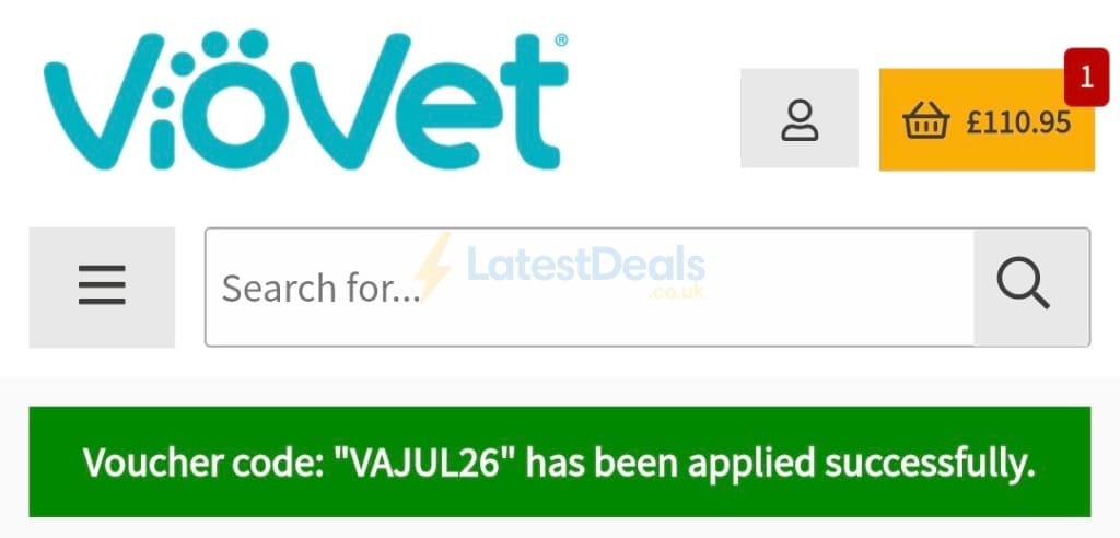 Screenshot of the Viovet discount code working