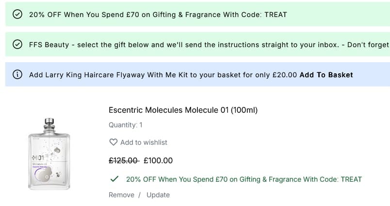 Screenshot of the Cult Beauty discount code working