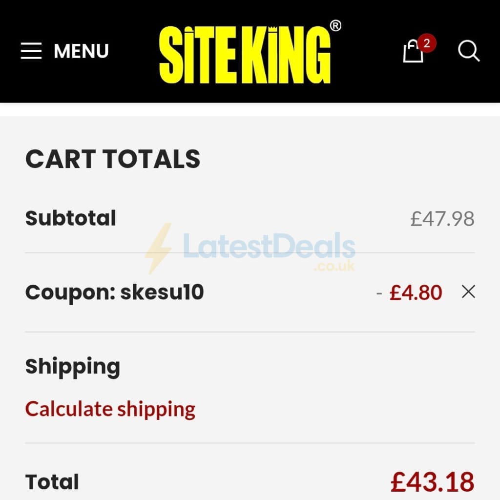 Screenshot of the Site King discount code working