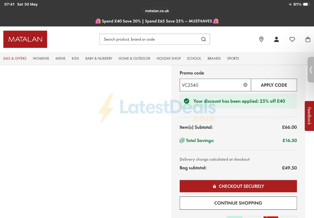 Screenshot of the Matalan discount code working