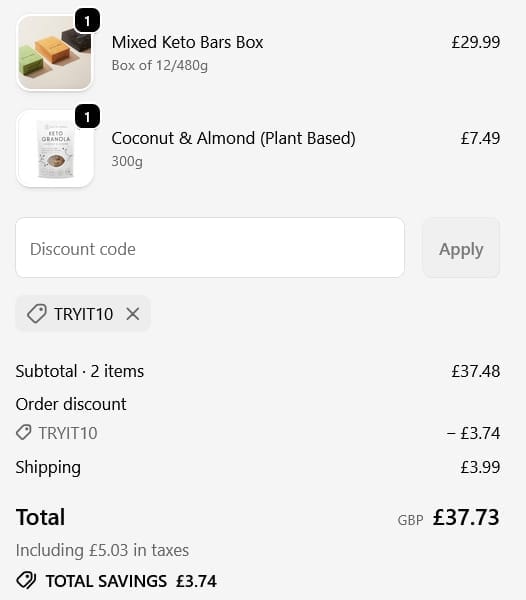 Screenshot of the Keto Hana discount code working