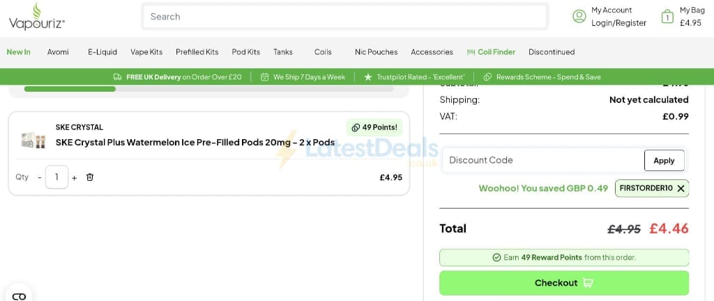 Screenshot of the Vapouriz Electronic Cigarettes discount code working