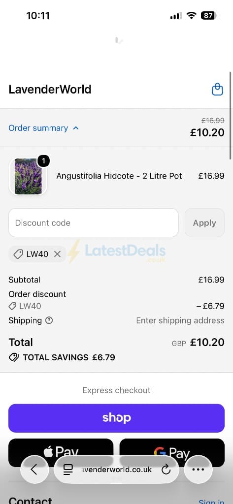 Screenshot of the Lavender World discount code working