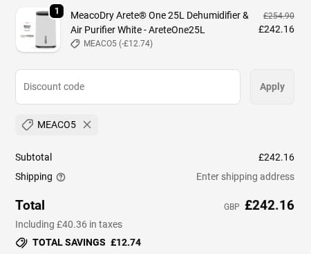 Screenshot of the Meaco Dehumidifiers discount code working