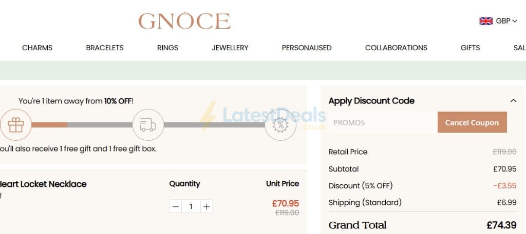 Screenshot of the Gnoce discount code working
