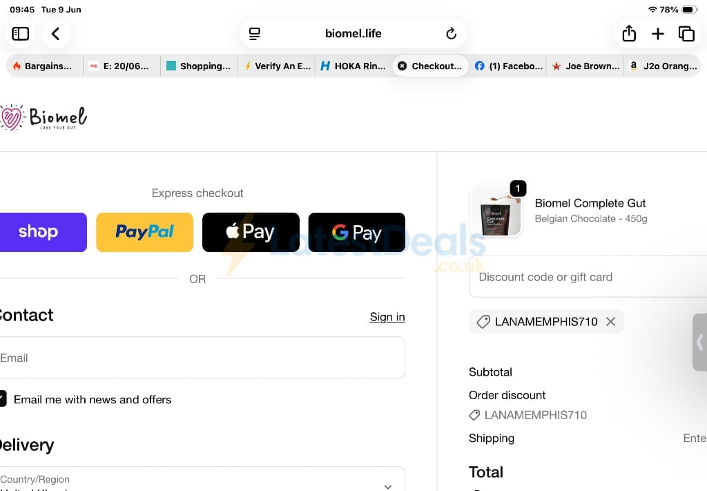Screenshot of the Biomel discount code working