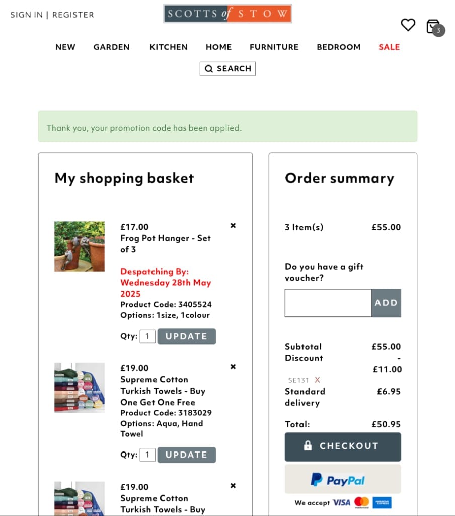 Screenshot of the Scotts of Stow discount code working