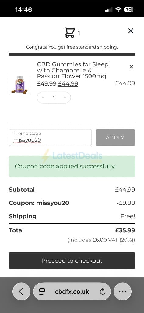 Screenshot of the CBDFX discount code working