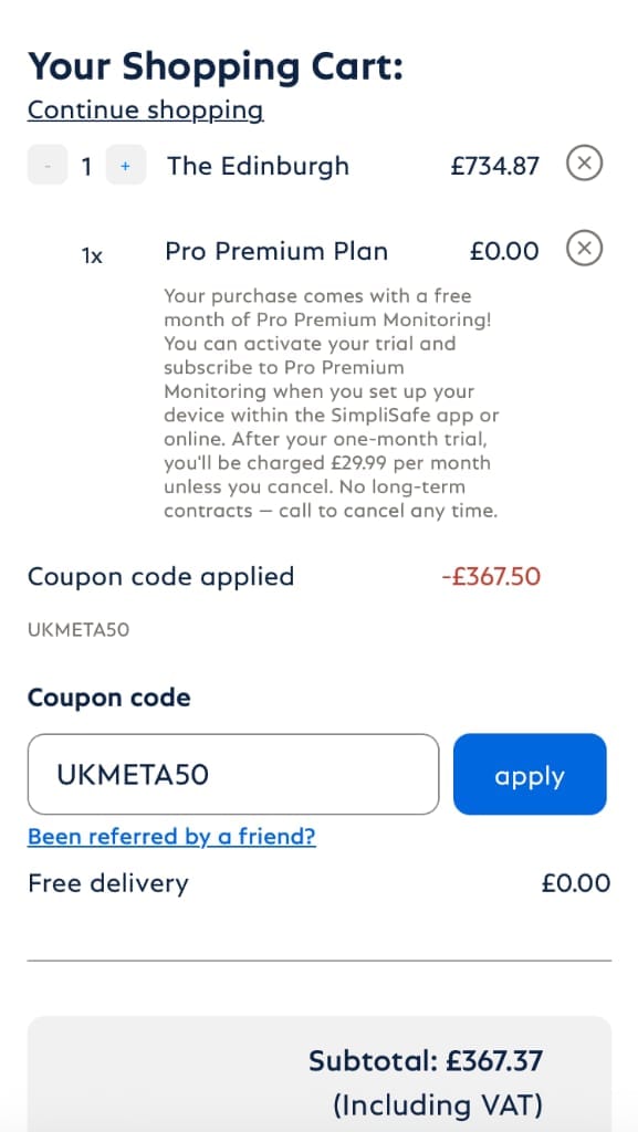 Screenshot of the SimpliSafe discount code working