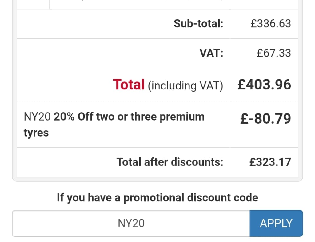 Screenshot of the National Tyres and Autocare discount code working