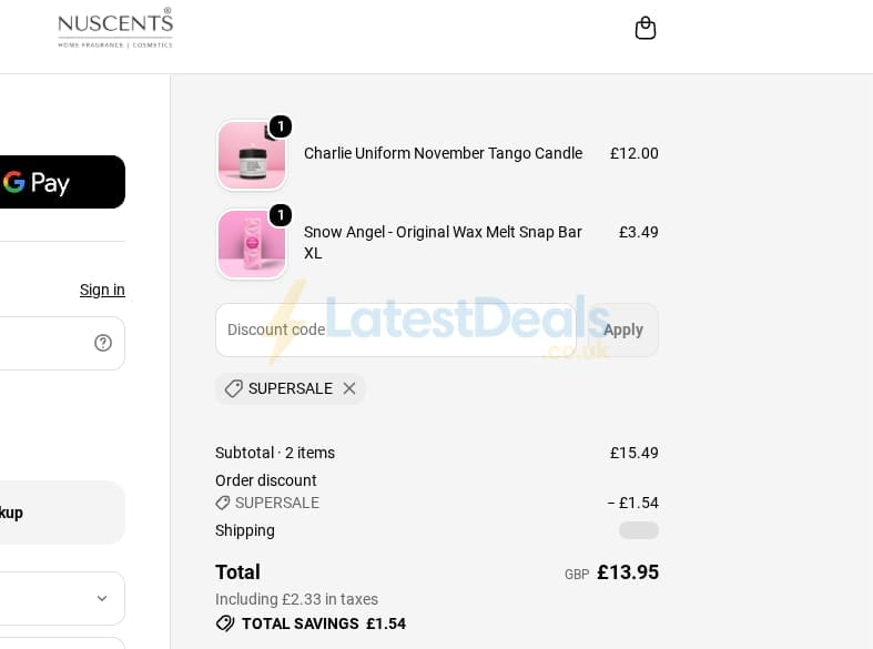Screenshot of the Nuscents discount code working