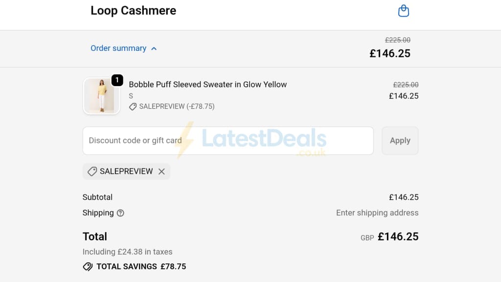 Screenshot of the Loop Cashmere discount code working