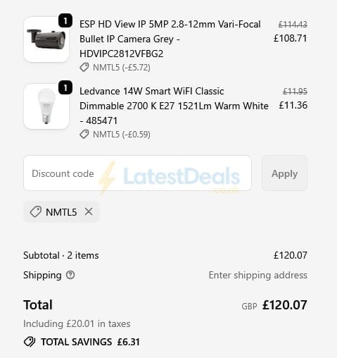 Screenshot of the LED Bulbs discount code working
