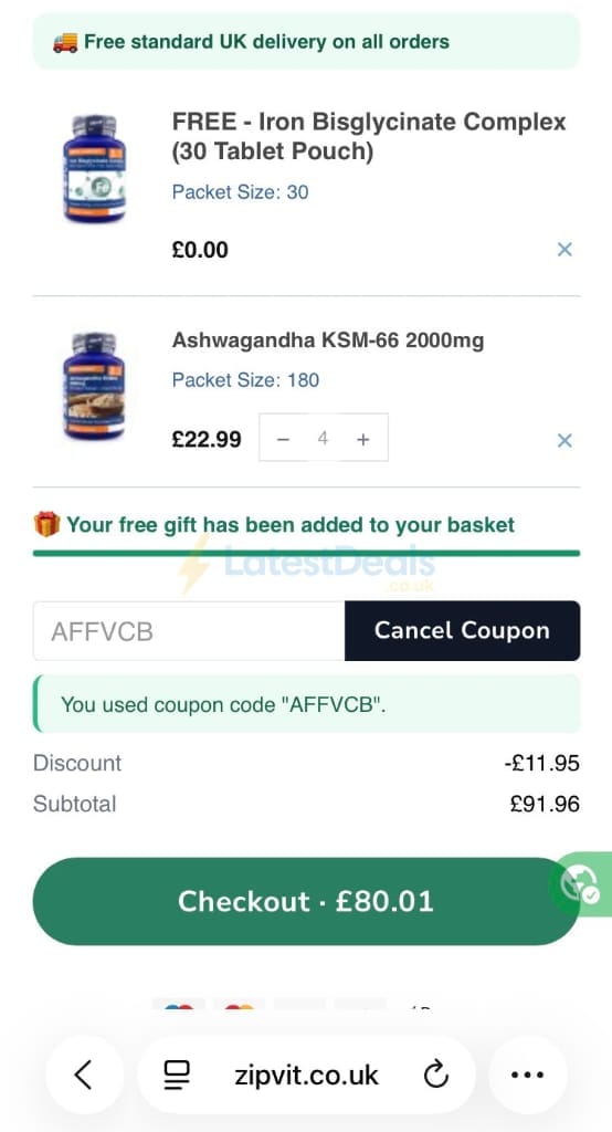 Screenshot of the ZipVit discount code working