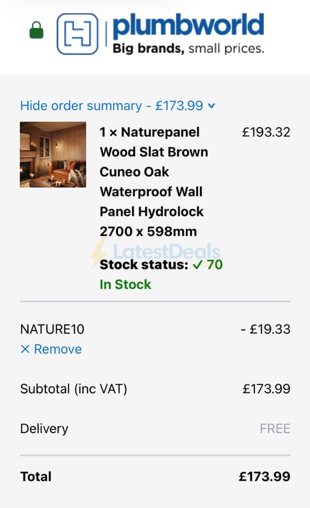 Screenshot of the Plumbworld discount code working