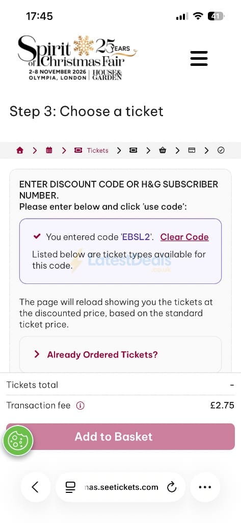 Screenshot of the Spirit of Christmas Fair discount code working