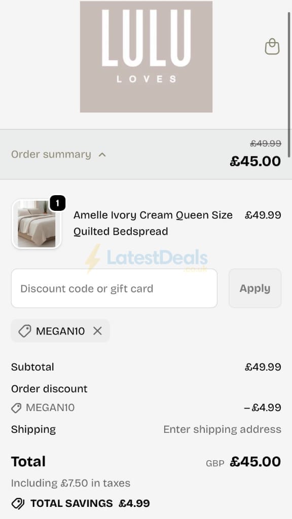 Screenshot of the LULU Loves discount code working
