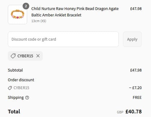 Screenshot of the Love Amber X discount code working