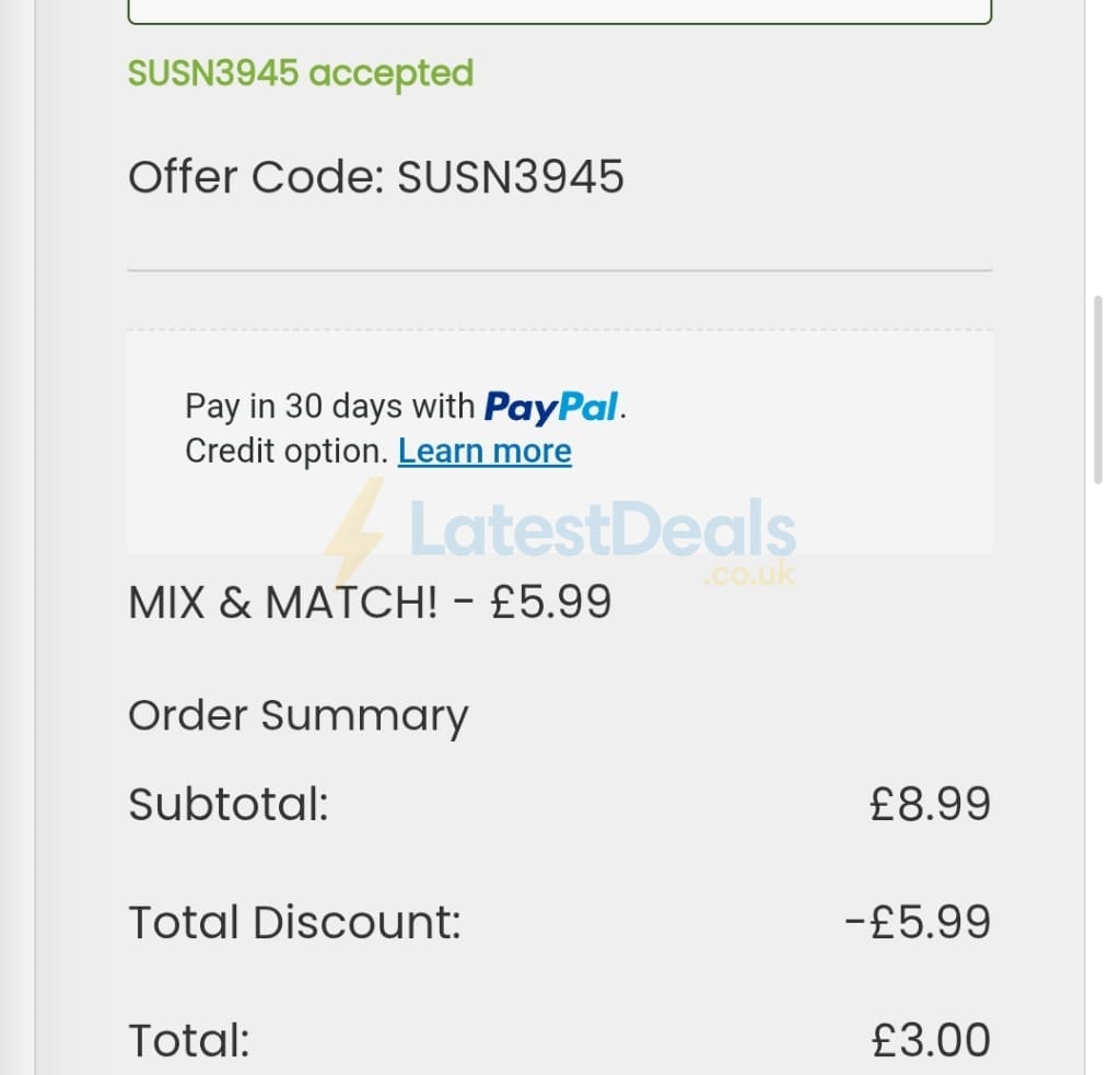 Screenshot of the Suttons discount code working