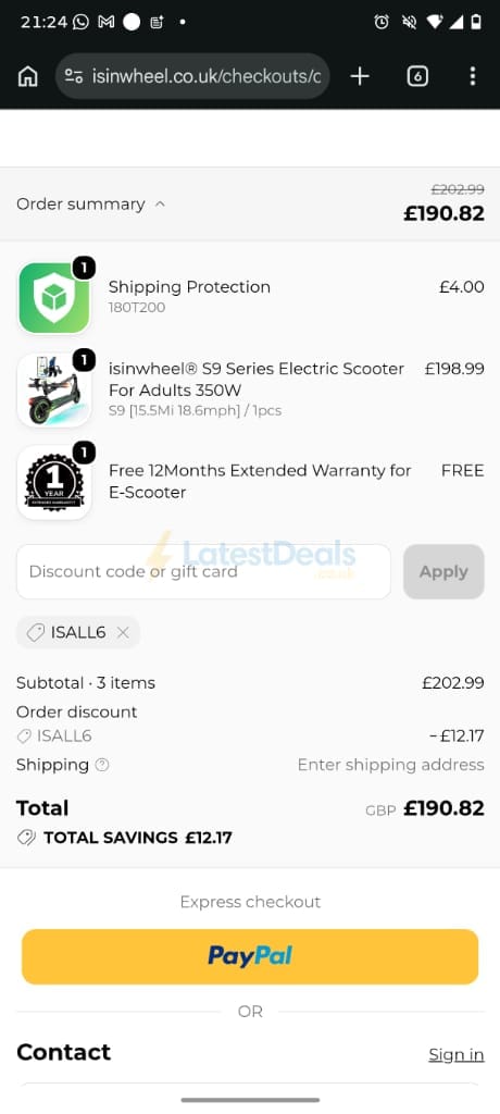 Screenshot of the iSinwheel discount code working
