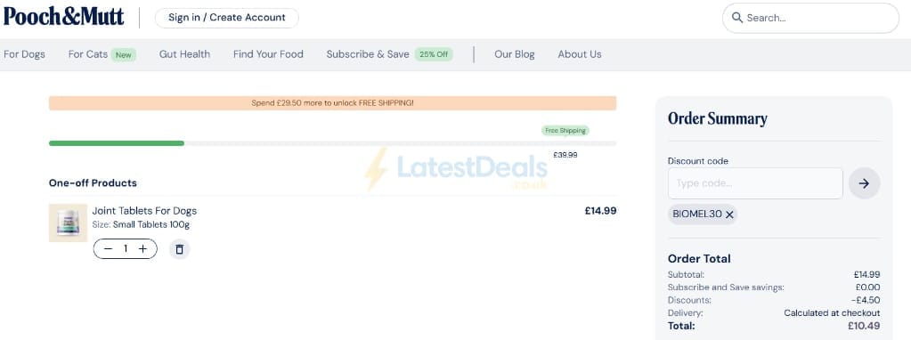 Screenshot of the Pooch & Mutt discount code working