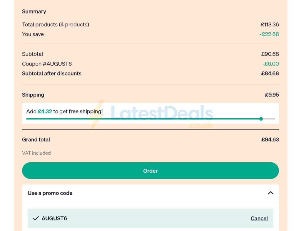 Screenshot of the Sanareva discount code working
