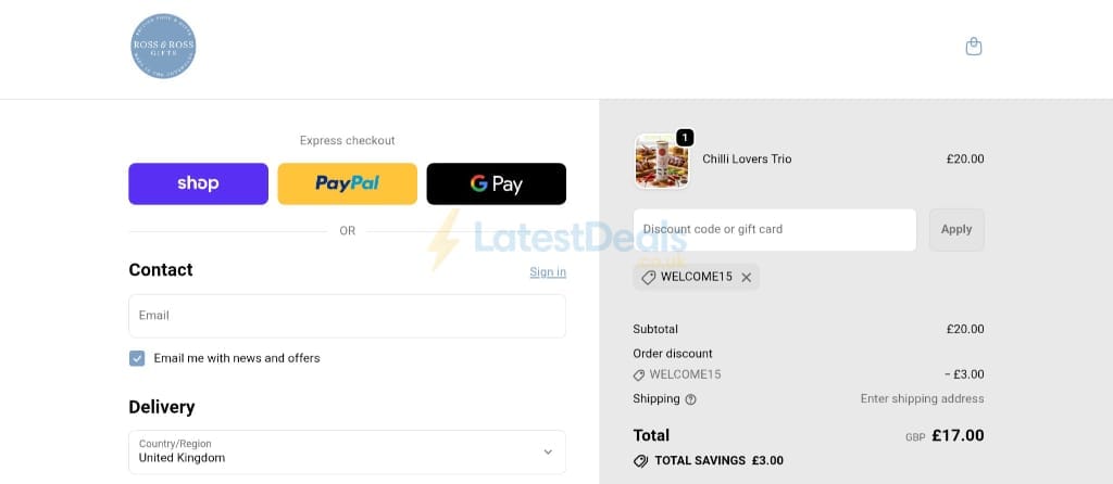 Screenshot of the Ross & Ross Gifts discount code working