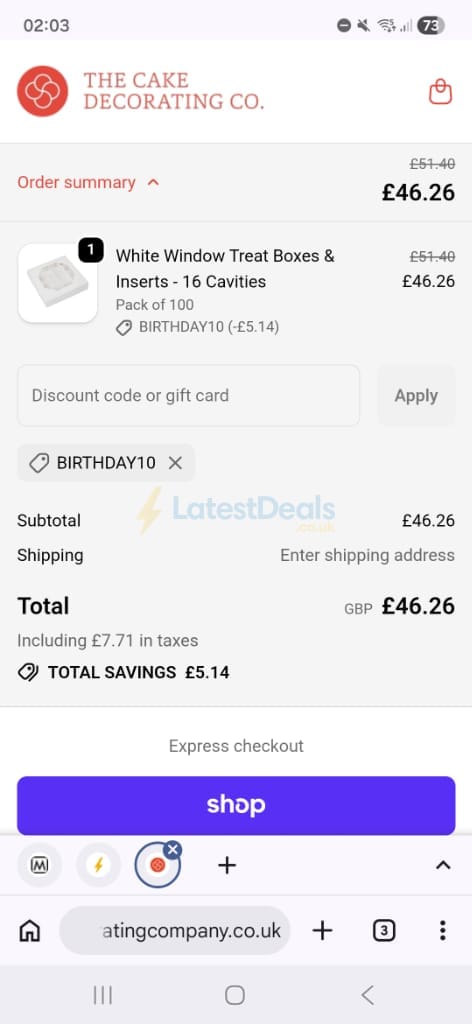 Screenshot of the The Cake Decorating Company discount code working