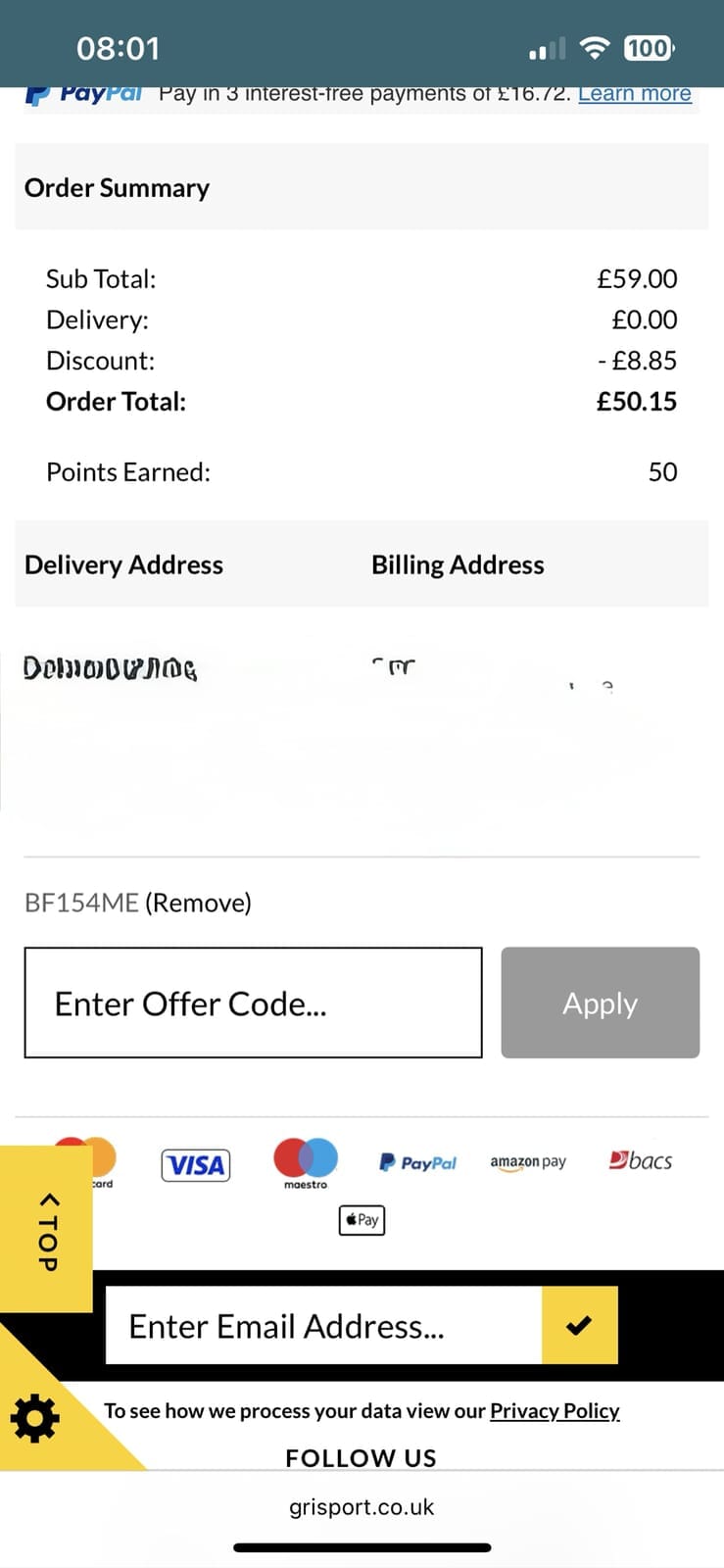 Screenshot of the Grisport discount code working