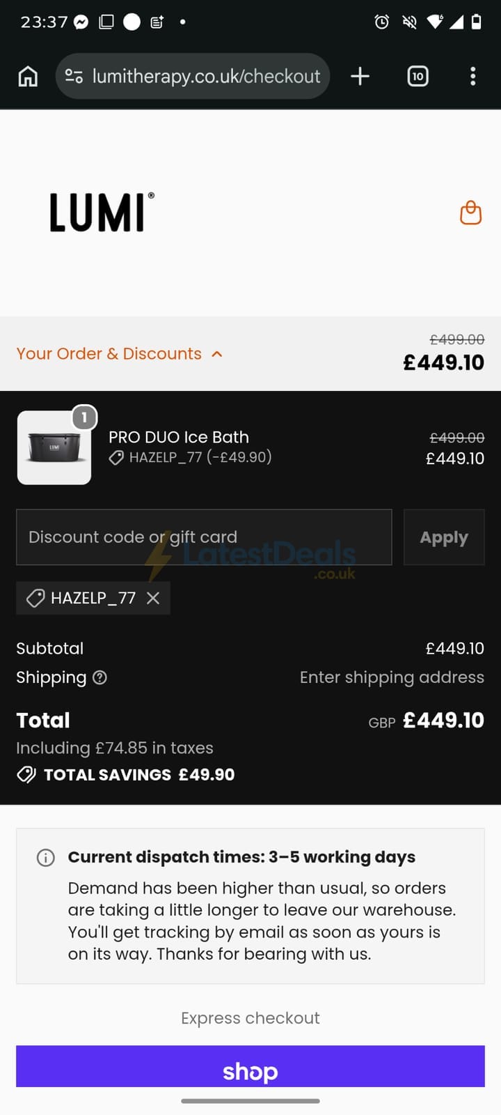 Screenshot of the Lumi Therapy discount code working