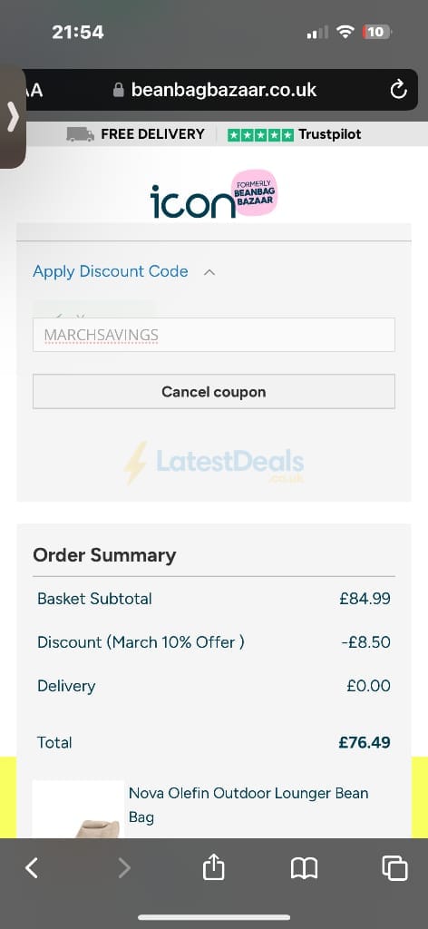 Screenshot of the Bean Bag Bazaar discount code working
