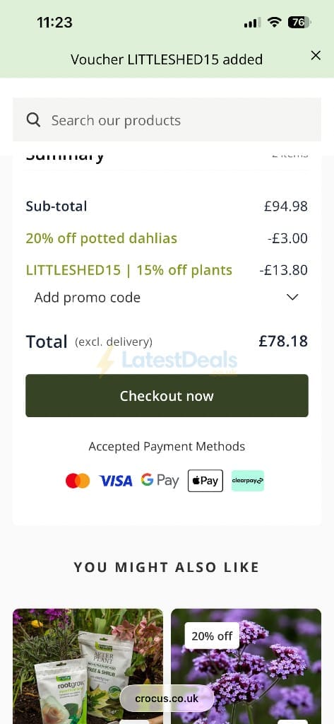 Screenshot of the Crocus discount code working