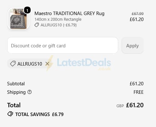 Screenshot of the Rugsdirect discount code working