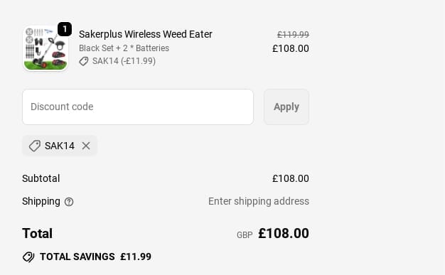 Screenshot of the SAKER discount code working
