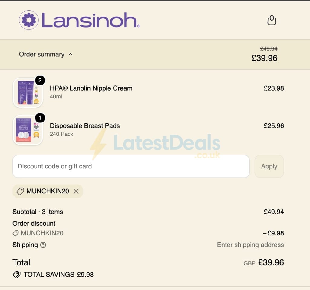 Screenshot of the Lansinoh UK discount code working