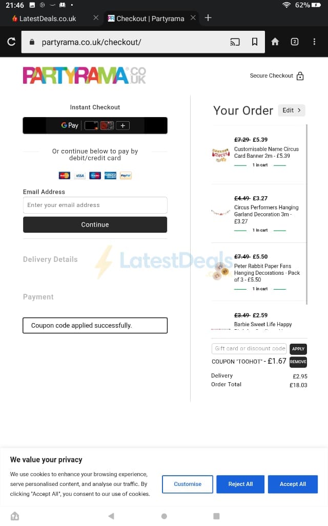 Screenshot of the Partyrama discount code working