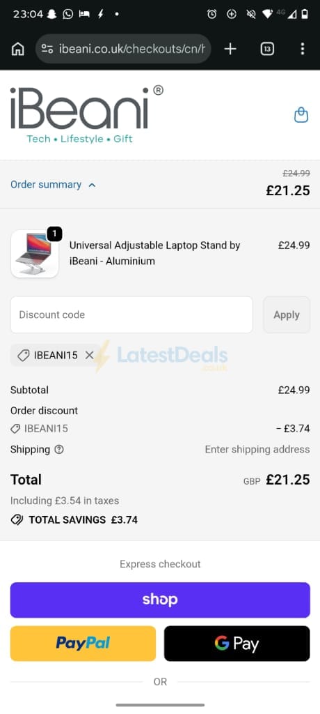 Screenshot of the Ibeani discount code working